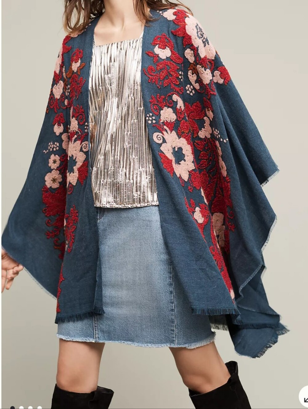 Anthropologie Folk Tale Embroidered Kimono Blue Woven Floral